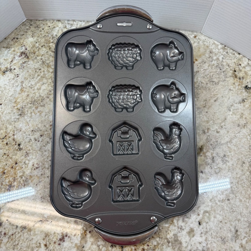 Norpro Farm Animals Barn Nonstick 12 Cavity Cookie Pan Stainless Handles Gray